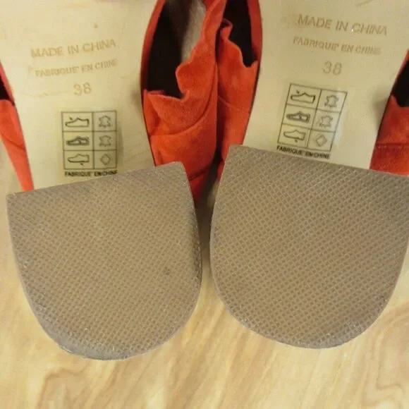 FREE PEOPLE Rosie Ruffle Heels Sz 38 Red Orange Slip On Slide Sandals Block Heel - Picture 11 of 12